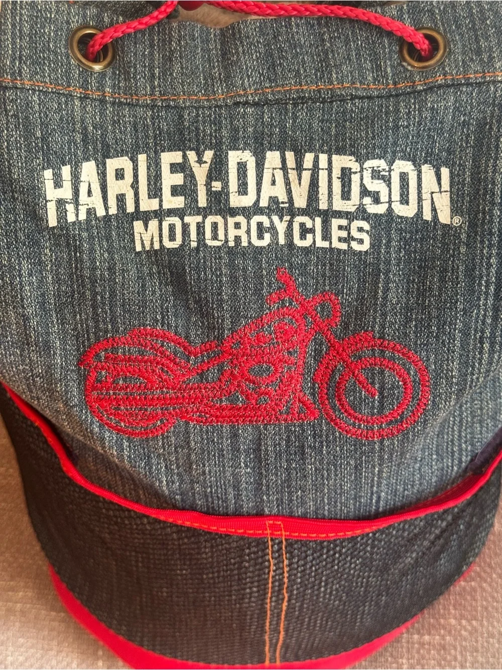 Vintage Harley-Davidson Denim Backpack with Red Trim and Motorcycle Embroidery
